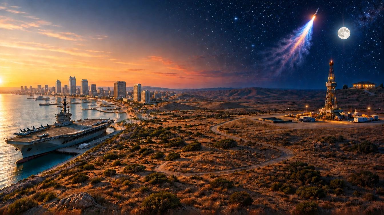 USS Midway and a coastal city in daylight, blending into inland terrain, a land drilling rig, a hillside house, stars, a full moon, and a launching rocket.